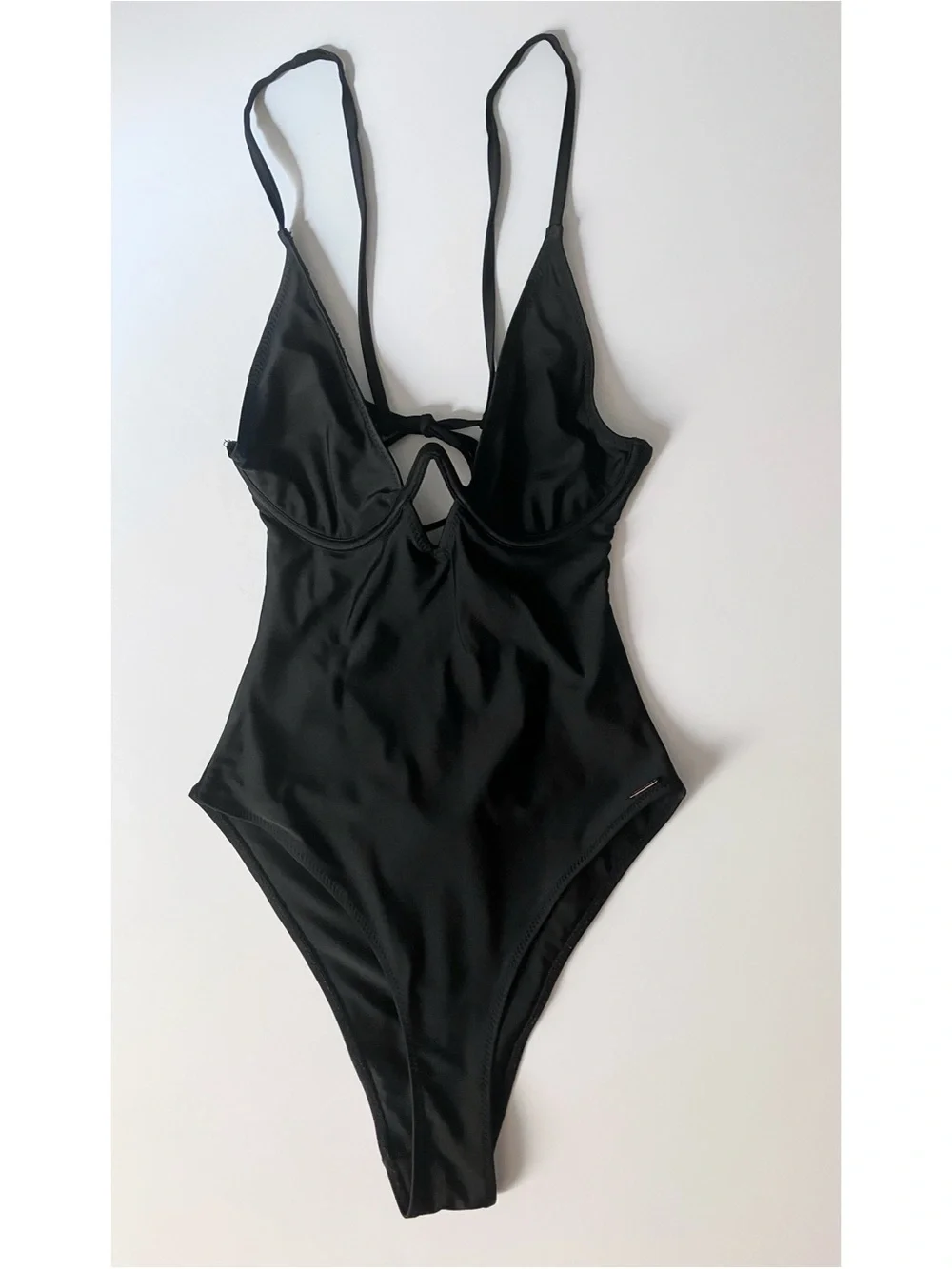 White Fox Black High-Cut One-Piece Swimsuit w/Adjustable Tie Straps Women’s SM
